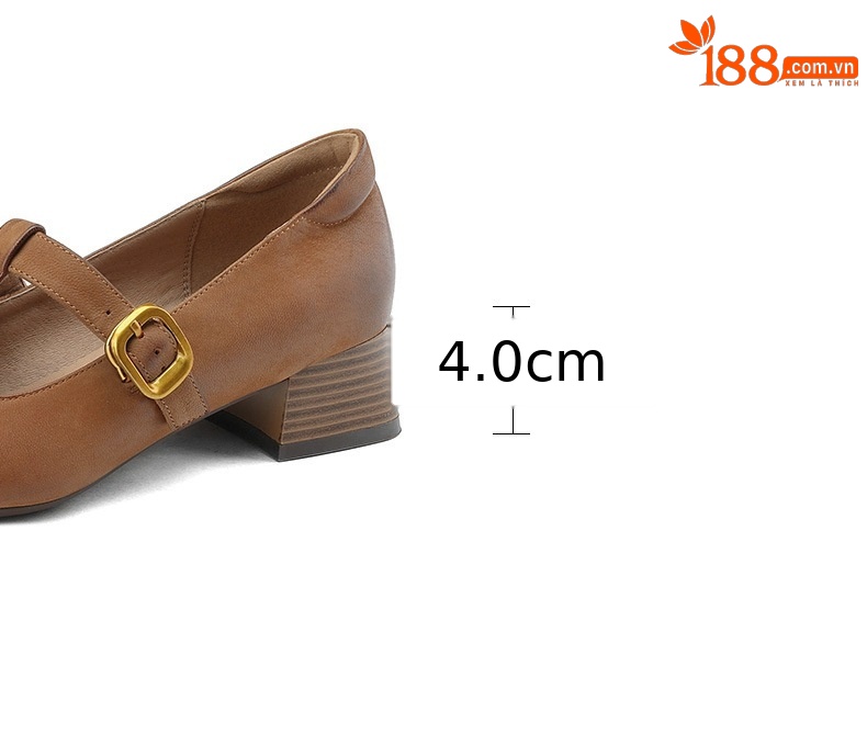 Giày Mary Jane nữ gót thô cổ điển kiểu Pháp, quai chữ T, da cừu lớp đầu — Màu nâu nhạt chi tiết 4