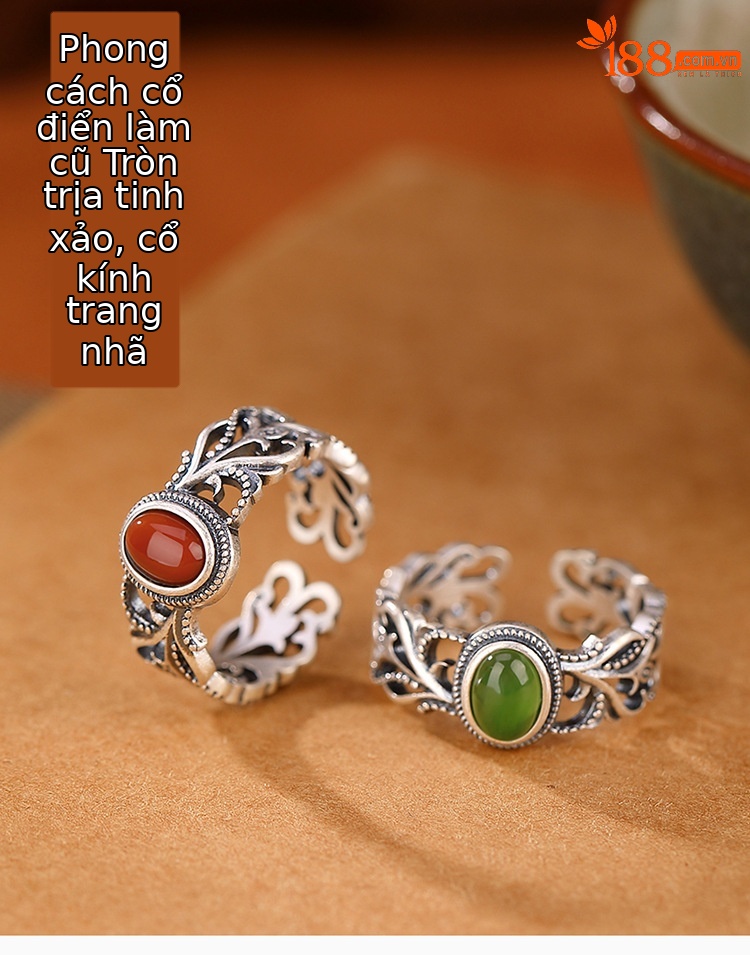 Nhẫn bạc S925 đính đá Nam Hồng ngọc bích Hetian phong cách retro mặt trứng đan rỗng — Mẫu đỏ nam chi tiết 1