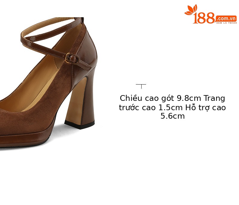 Giày Mary Jane cao gót dây buộc da thật mũi vuông gót dày — Màu nâu chi tiết 3