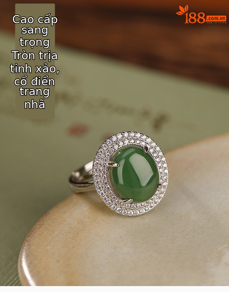 Nhẫn nữ bạc S925 mặt ngọc Hetian jasper hình trứng cá tính, thiết kế mở thanh lịch — Mở một size chi tiết 1