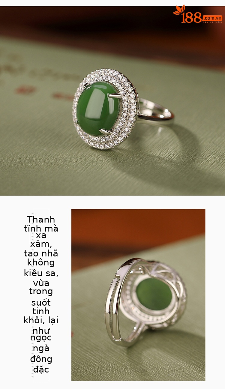 Nhẫn nữ bạc S925 mặt ngọc Hetian jasper hình trứng cá tính, thiết kế mở thanh lịch — Mở một size chi tiết 2