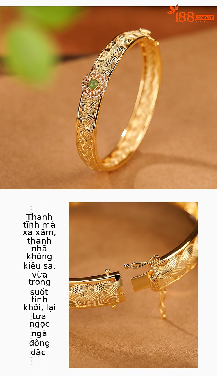 Vòng tay bạc S925 mạ vàng đính ngọc bích Hetian Jasper phong cách hoang dã — Kiểu mạ bạch kim chi tiết 3