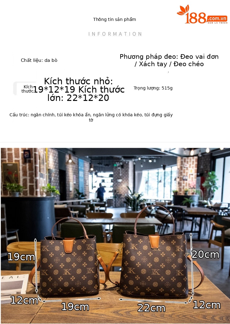 Túi bucket nữ da thật phối màu họa tiết vintage, đeo chéo một bên vai — Màu cà phê in Hoa Cỡ Nhỏ, Kaki in Hoa Cỡ Nhỏ, In hoa màu cà phê cỡ lớn chi tiết 5