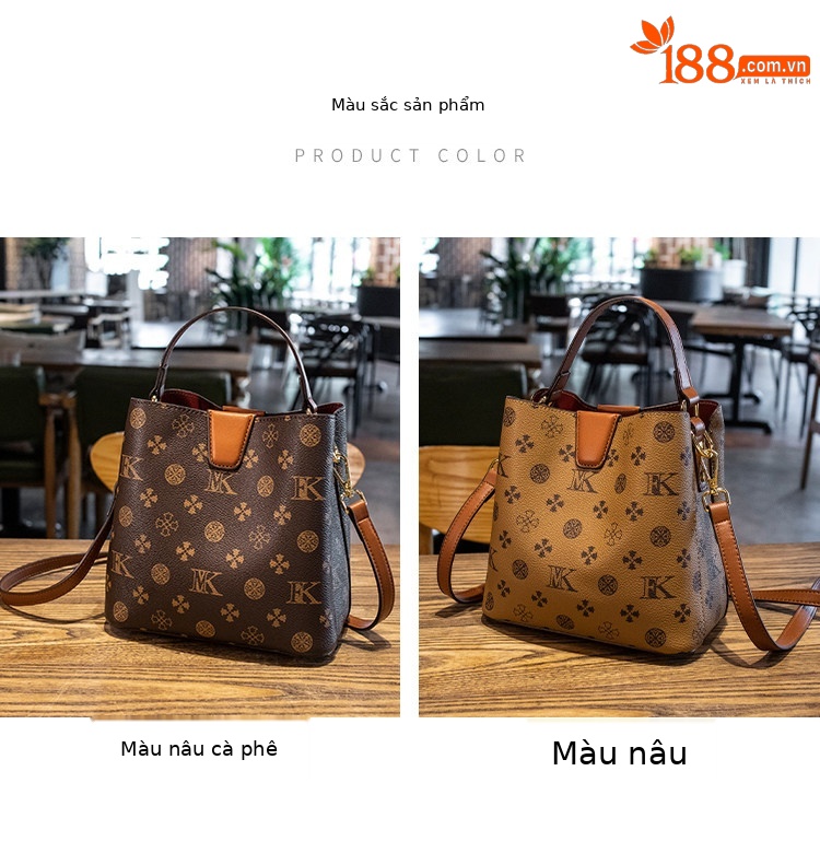 Túi bucket nữ da thật phối màu họa tiết vintage, đeo chéo một bên vai — Màu cà phê in Hoa Cỡ Nhỏ, Kaki in Hoa Cỡ Nhỏ, In hoa màu cà phê cỡ lớn chi tiết 7