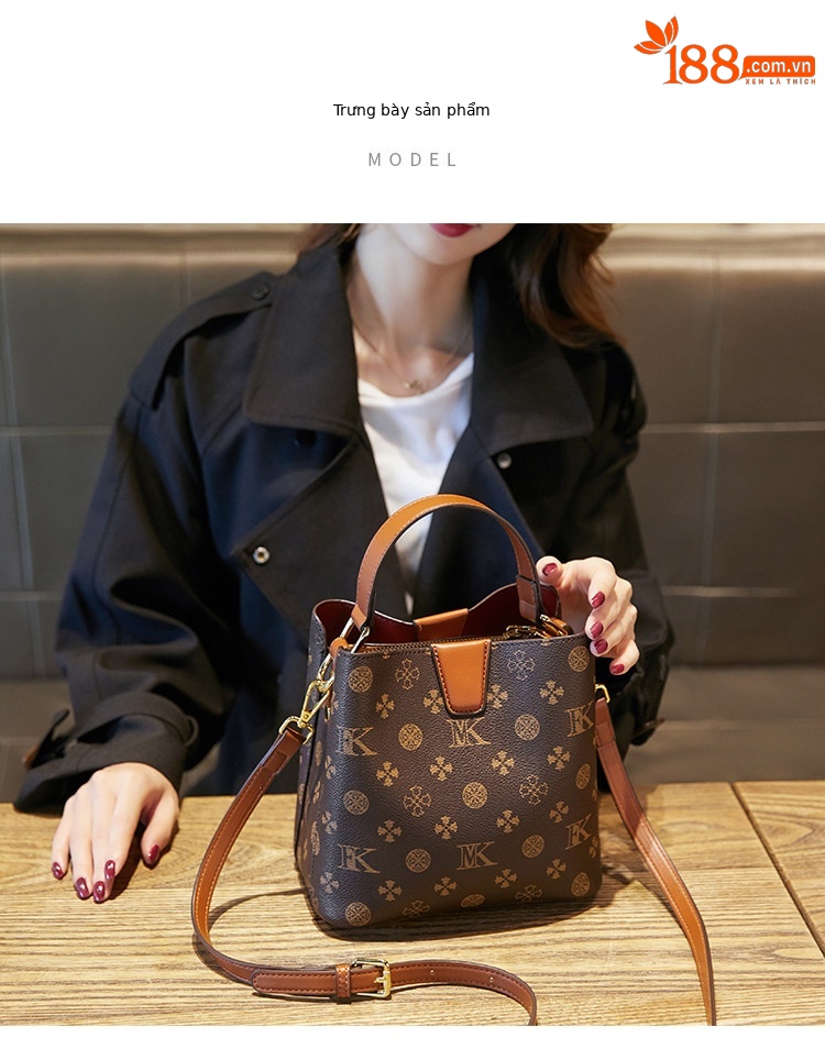 Túi bucket nữ da thật phối màu họa tiết vintage, đeo chéo một bên vai — Màu cà phê in Hoa Cỡ Nhỏ, Kaki in Hoa Cỡ Nhỏ, In hoa màu cà phê cỡ lớn chi tiết 8
