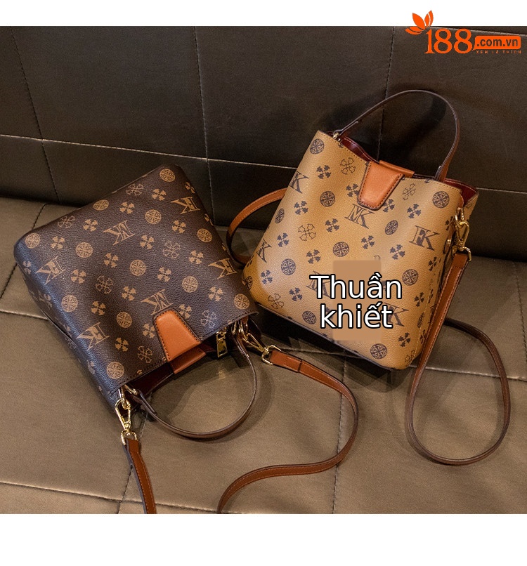 Túi bucket nữ da thật phối màu họa tiết vintage, đeo chéo một bên vai — Màu cà phê in Hoa Cỡ Nhỏ, Kaki in Hoa Cỡ Nhỏ, In hoa màu cà phê cỡ lớn chi tiết 15