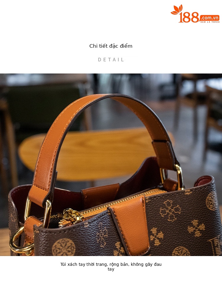 Túi bucket nữ da thật phối màu họa tiết vintage, đeo chéo một bên vai — Màu cà phê in Hoa Cỡ Nhỏ, Kaki in Hoa Cỡ Nhỏ, In hoa màu cà phê cỡ lớn chi tiết 22