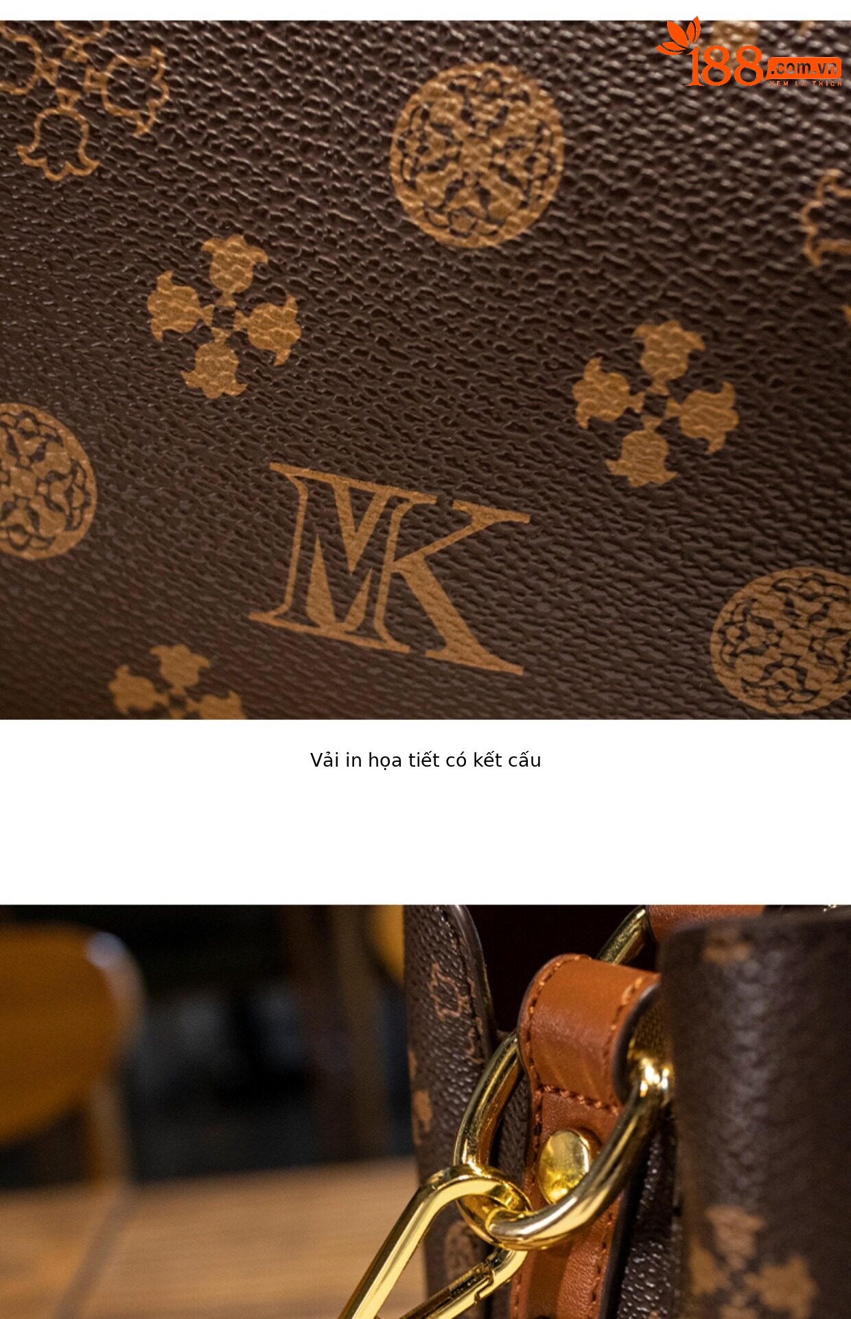 Túi bucket nữ da thật phối màu họa tiết vintage, đeo chéo một bên vai — Màu cà phê in Hoa Cỡ Nhỏ, Kaki in Hoa Cỡ Nhỏ, In hoa màu cà phê cỡ lớn chi tiết 23