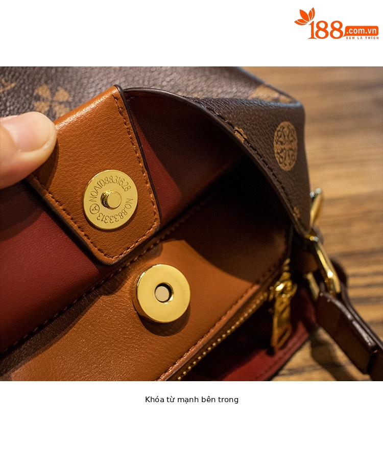 Túi bucket nữ da thật phối màu họa tiết vintage, đeo chéo một bên vai — Màu cà phê in Hoa Cỡ Nhỏ, Kaki in Hoa Cỡ Nhỏ, In hoa màu cà phê cỡ lớn chi tiết 27