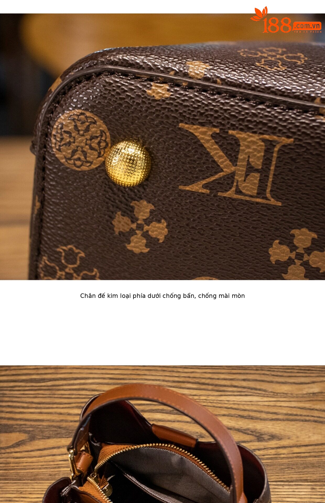 Túi bucket nữ da thật phối màu họa tiết vintage, đeo chéo một bên vai — Màu cà phê in Hoa Cỡ Nhỏ, Kaki in Hoa Cỡ Nhỏ, In hoa màu cà phê cỡ lớn chi tiết 28