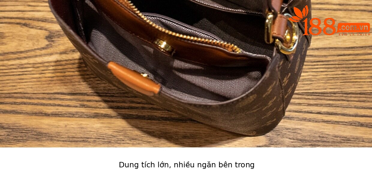 Túi bucket nữ da thật phối màu họa tiết vintage, đeo chéo một bên vai — Màu cà phê in Hoa Cỡ Nhỏ, Kaki in Hoa Cỡ Nhỏ, In hoa màu cà phê cỡ lớn chi tiết 29