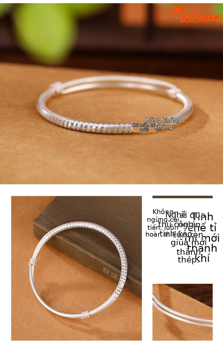 Vòng tay bạc S999 phong cách retro họa tiết hươu, điều chỉnh kéo đẩy — Kiểu chữ đen chi tiết 6