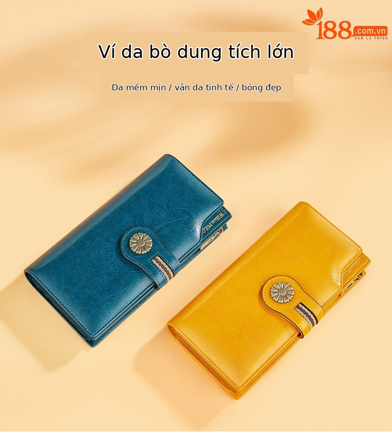 Ví da bò dài nữ cao cấp chống trộm phong cách retro dây kéo chi tiết 9