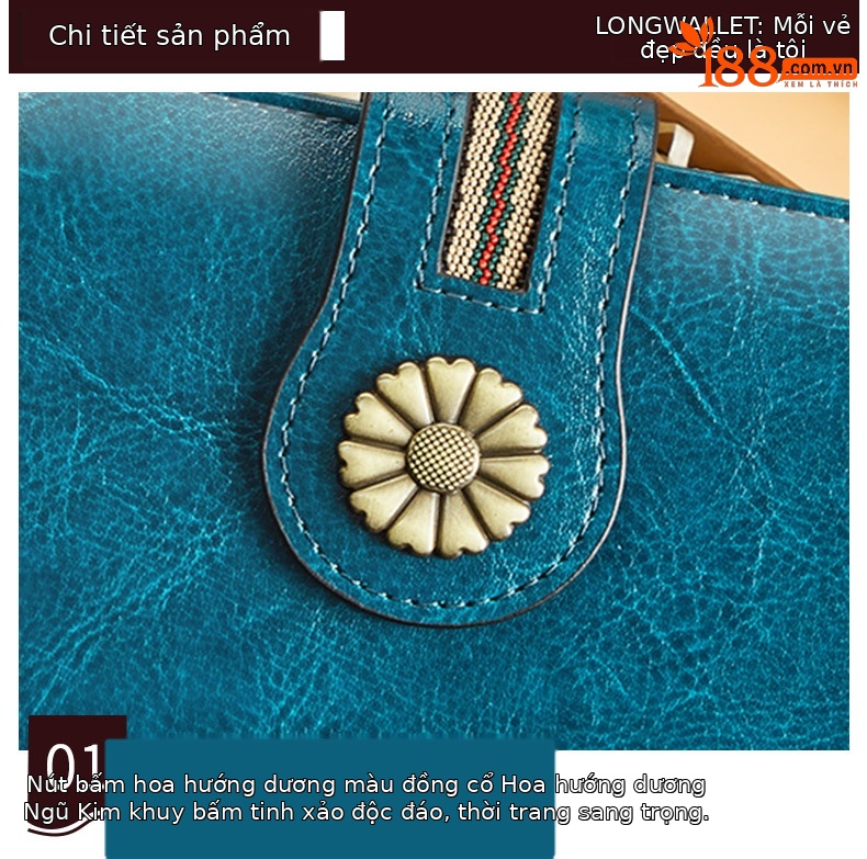 Ví da bò dài nữ cao cấp chống trộm phong cách retro dây kéo chi tiết 10