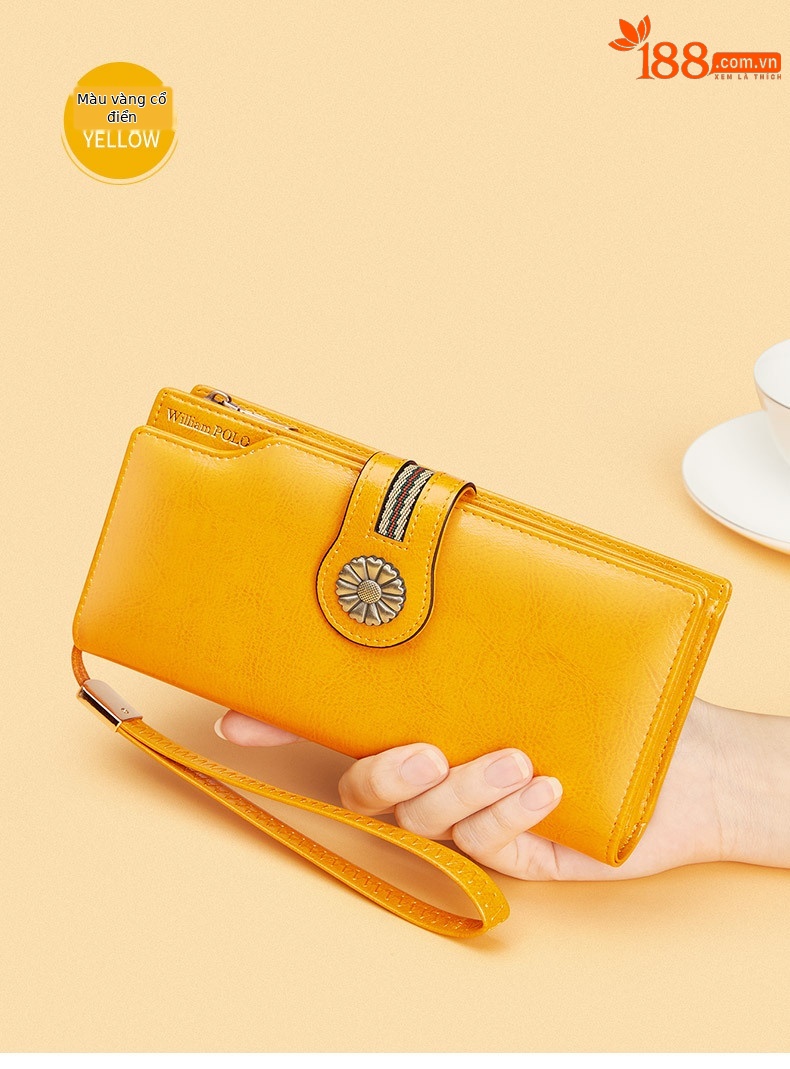 Ví da bò dài nữ cao cấp chống trộm phong cách retro dây kéo chi tiết 16