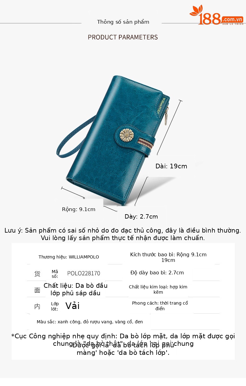 Ví da bò dài nữ cao cấp chống trộm phong cách retro dây kéo chi tiết 12