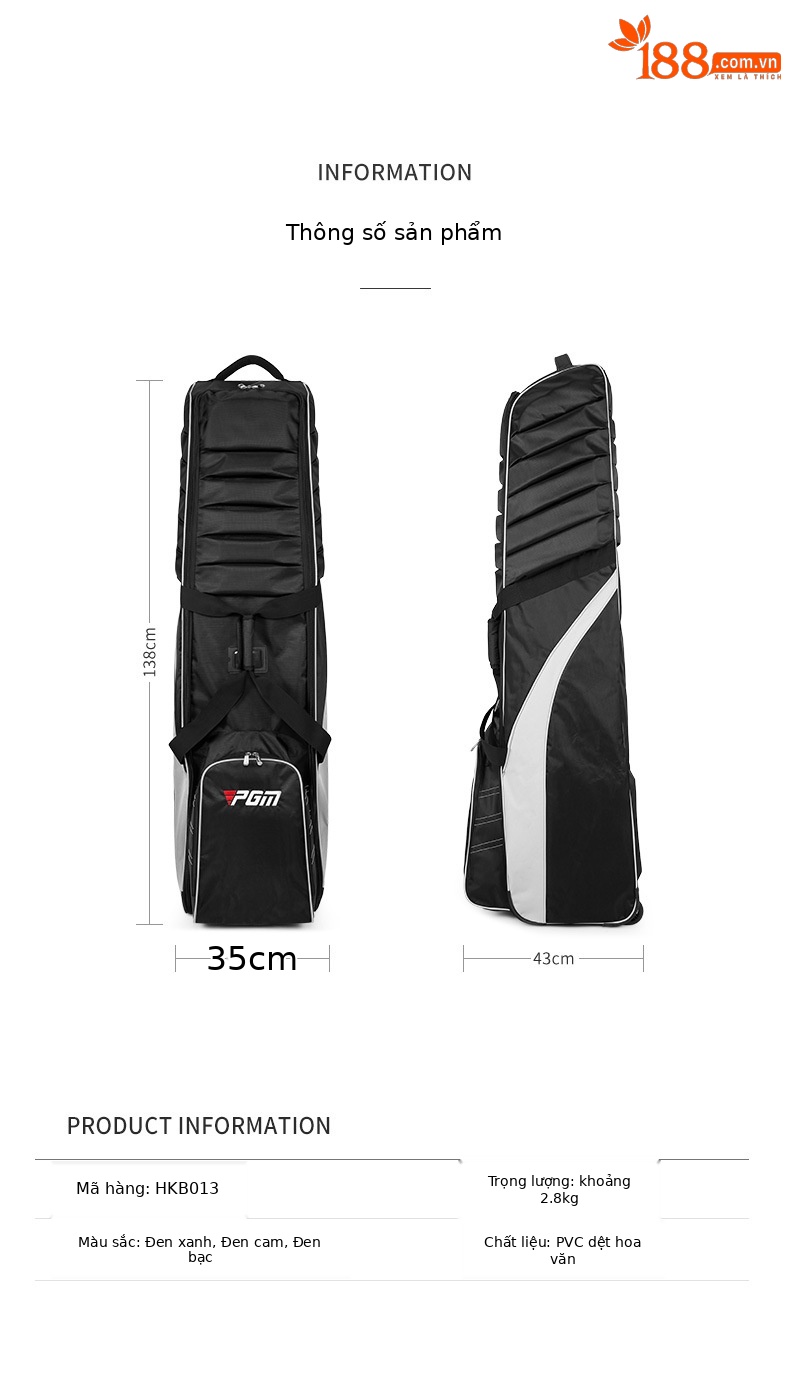 Túi vận chuyển golf hàng không PGM chống va chạm dày bông, kích thước 138x35x43 cm — Hkb013-xanh Đen [chống va chạm dày], HKB013-Cam Đen [chống va chạm dày], HKB013-Bạc Đen [chống va chạm dày] chi tiết 6