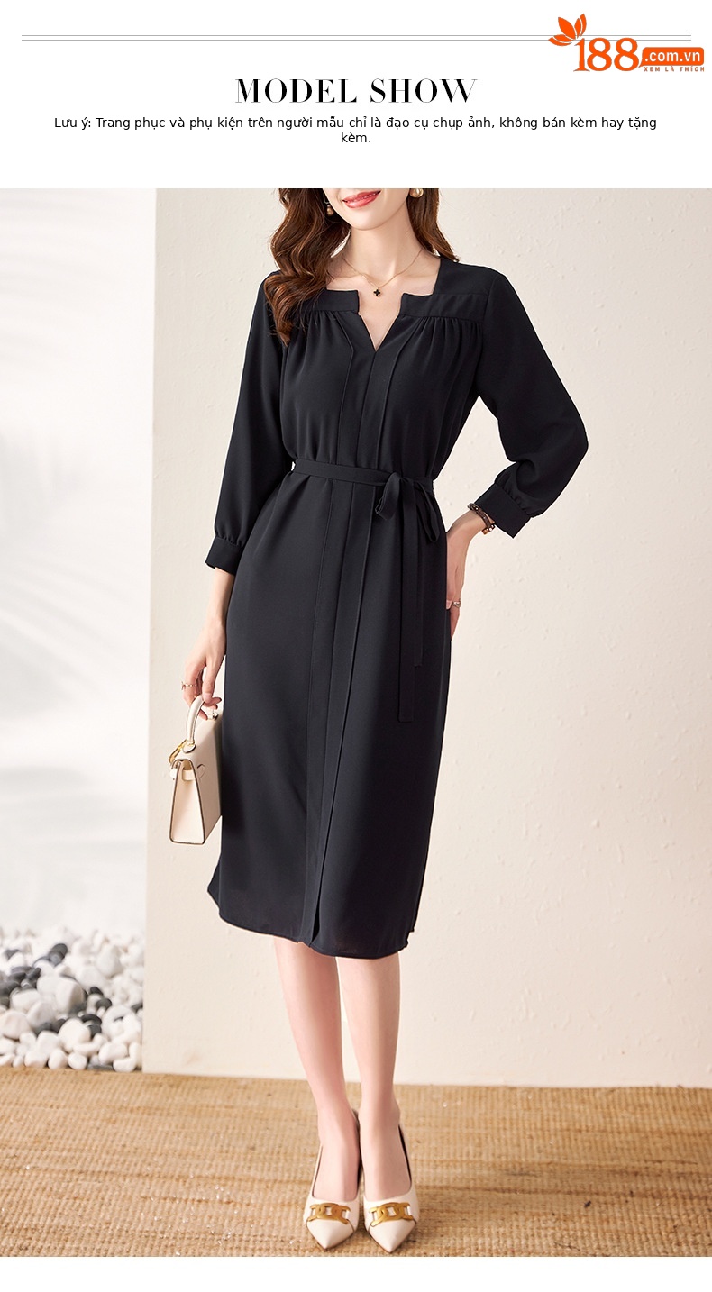Đầm maxi nữ thắt eo voan Pháp thanh lịch đi làm — Màu xanh tím than chi tiết 5