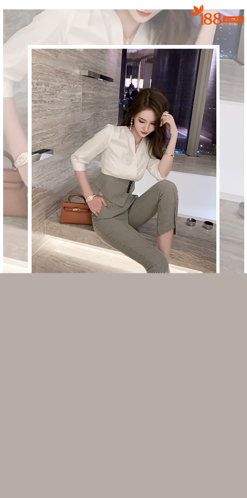 Bộ đồ houndstooth mùa hè nữ áo sơ mi phối quần ống nhỏ hai mảnh — Ca rô Houndstooth chi tiết 1