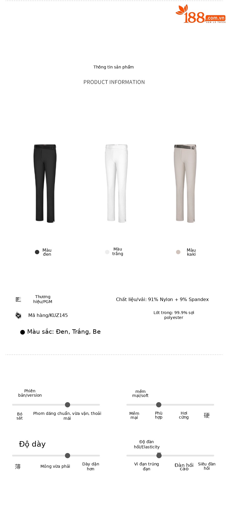Quần golf nữ dài tôn dáng PGM co giãn cao thắt lưng lưới — KUZ145-màu trắng, KUZ145-Kaki, KUZ145-Màu đen chi tiết 5