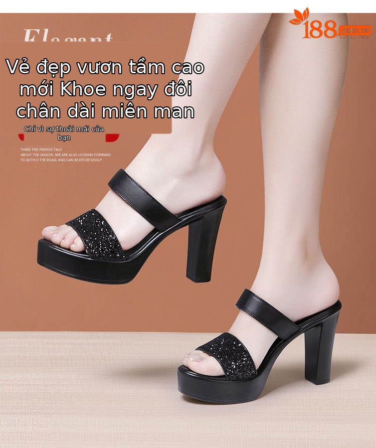 Dép xỏ ngón nữ gót vuông cao gót đế xuồng platform 8-10 cm — Màu bạc 10CM, Màu bạc 8CM, Đen 10CM, Đen 8CM chi tiết 3