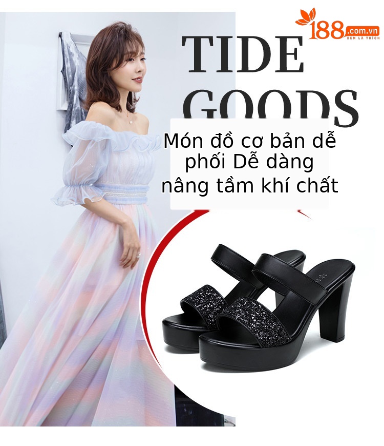Dép xỏ ngón nữ gót vuông cao gót đế xuồng platform 8-10 cm — Màu bạc 10CM, Màu bạc 8CM, Đen 10CM, Đen 8CM chi tiết 6