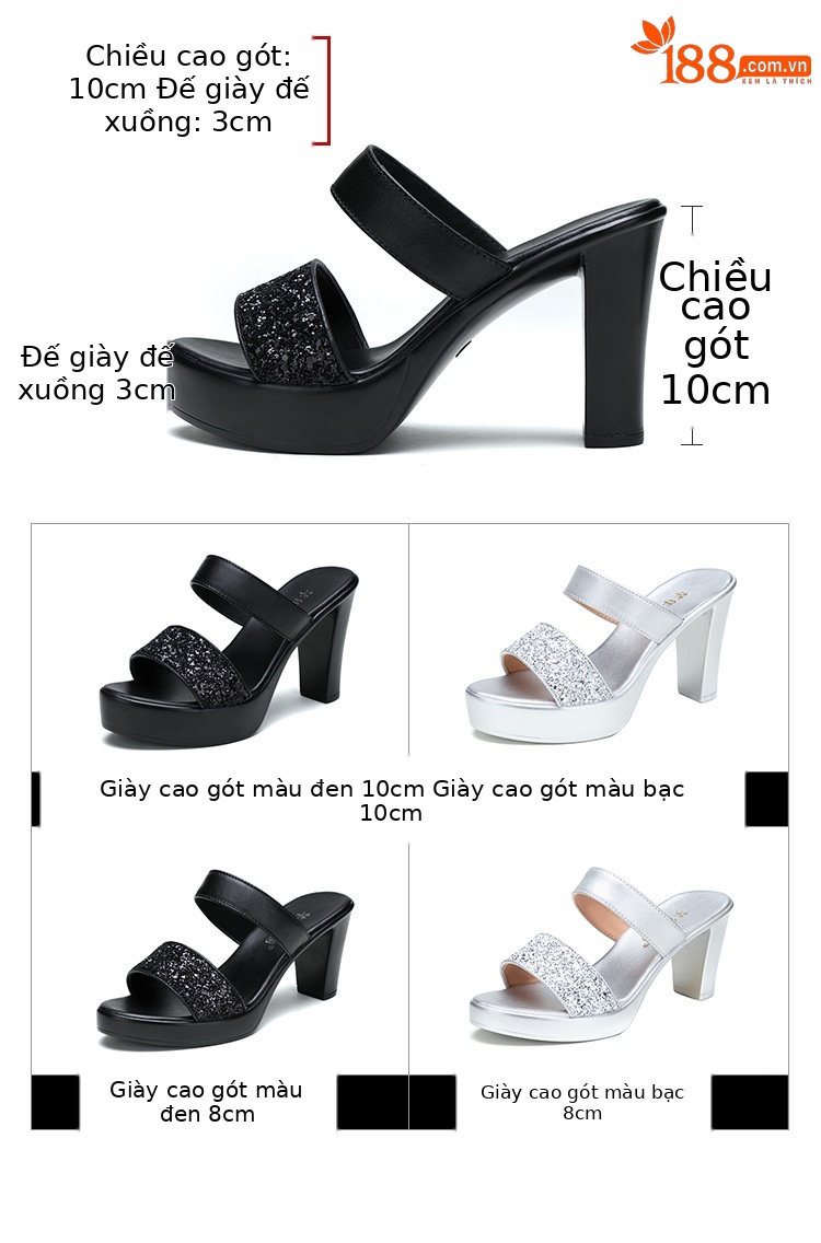 Dép xỏ ngón nữ gót vuông cao gót đế xuồng platform 8-10 cm — Màu bạc 10CM, Màu bạc 8CM, Đen 10CM, Đen 8CM chi tiết 5