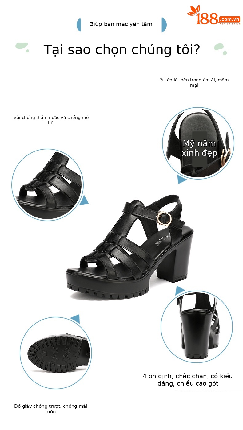 Sandal cao gót nữ quai ngang đế dày platform hở mũi gót 8 cm — Đỏ 8CM, Màu trắng 8CM, Đen 8CM chi tiết 2
