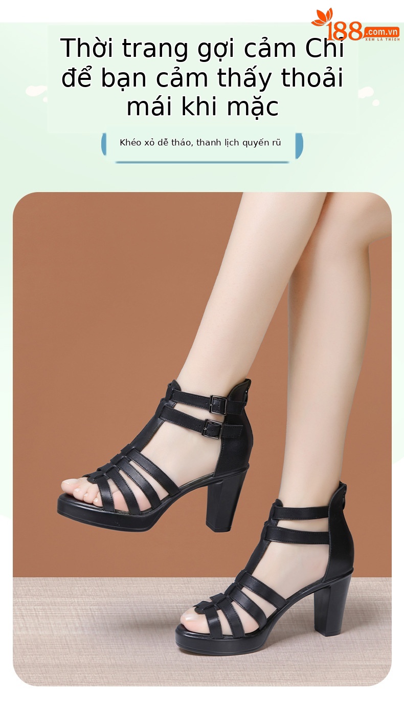 Sandal cao gót nữ hở mũi đế xuồng 8–10 cm, phong cách La Mã đục lỗ, đế mềm, size lớn — Màu đen 10cm, Trắng 10CM, Màu trắng 8CM, Đen 8CM chi tiết 3