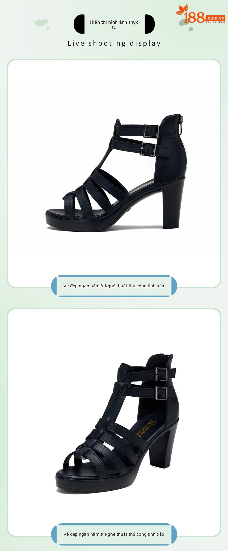 Sandal cao gót nữ hở mũi đế xuồng 8–10 cm, phong cách La Mã đục lỗ, đế mềm, size lớn — Màu đen 10cm, Trắng 10CM, Màu trắng 8CM, Đen 8CM chi tiết 8