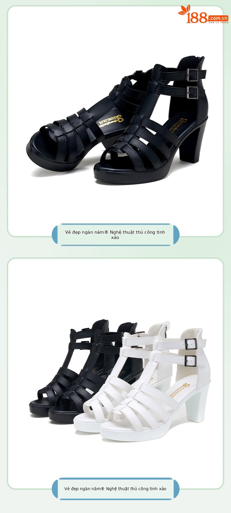 Sandal cao gót nữ hở mũi đế xuồng 8–10 cm, phong cách La Mã đục lỗ, đế mềm, size lớn — Màu đen 10cm, Trắng 10CM, Màu trắng 8CM, Đen 8CM chi tiết 10