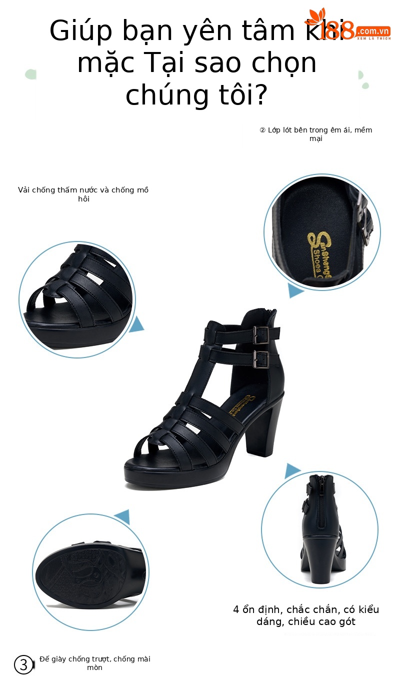Sandal cao gót nữ hở mũi đế xuồng 8–10 cm, phong cách La Mã đục lỗ, đế mềm, size lớn — Màu đen 10cm, Trắng 10CM, Màu trắng 8CM, Đen 8CM chi tiết 2