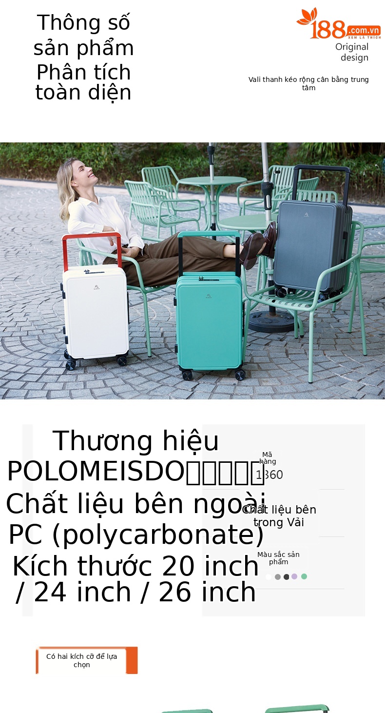 Vali kéo tay cầm rộng 20 inch nhẹ chống thấm nước chống trầy xước cho nữ — Xám đậm, Màu đen, Màu tím, Màu trắng chi tiết 7