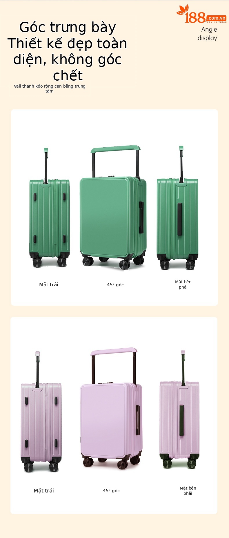 Vali kéo tay cầm rộng 20 inch nhẹ chống thấm nước chống trầy xước cho nữ — Xám đậm, Màu đen, Màu tím, Màu trắng chi tiết 8