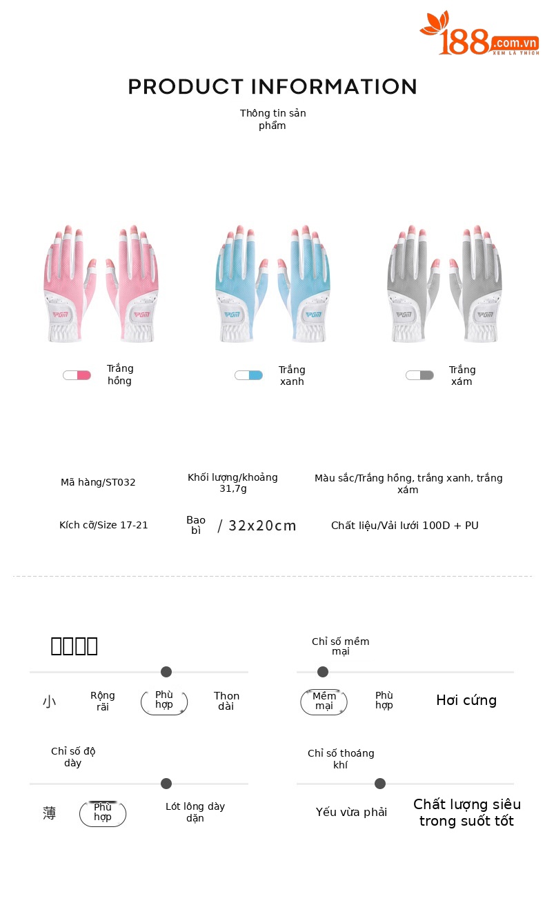 Găng tay golf nữ hở ngón PGM vải lưới thoáng khí chống nắng — Cỡ 20 chi tiết 11