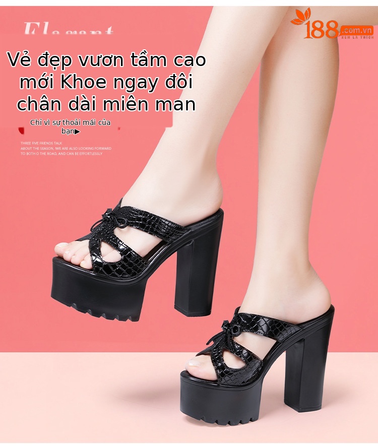 Dép sandal nữ đế xuồng cao 14 cm, mũi hở, quai ngang, platform dày, mùa hè 2025 — Màu đen, Màu trắng chi tiết 3