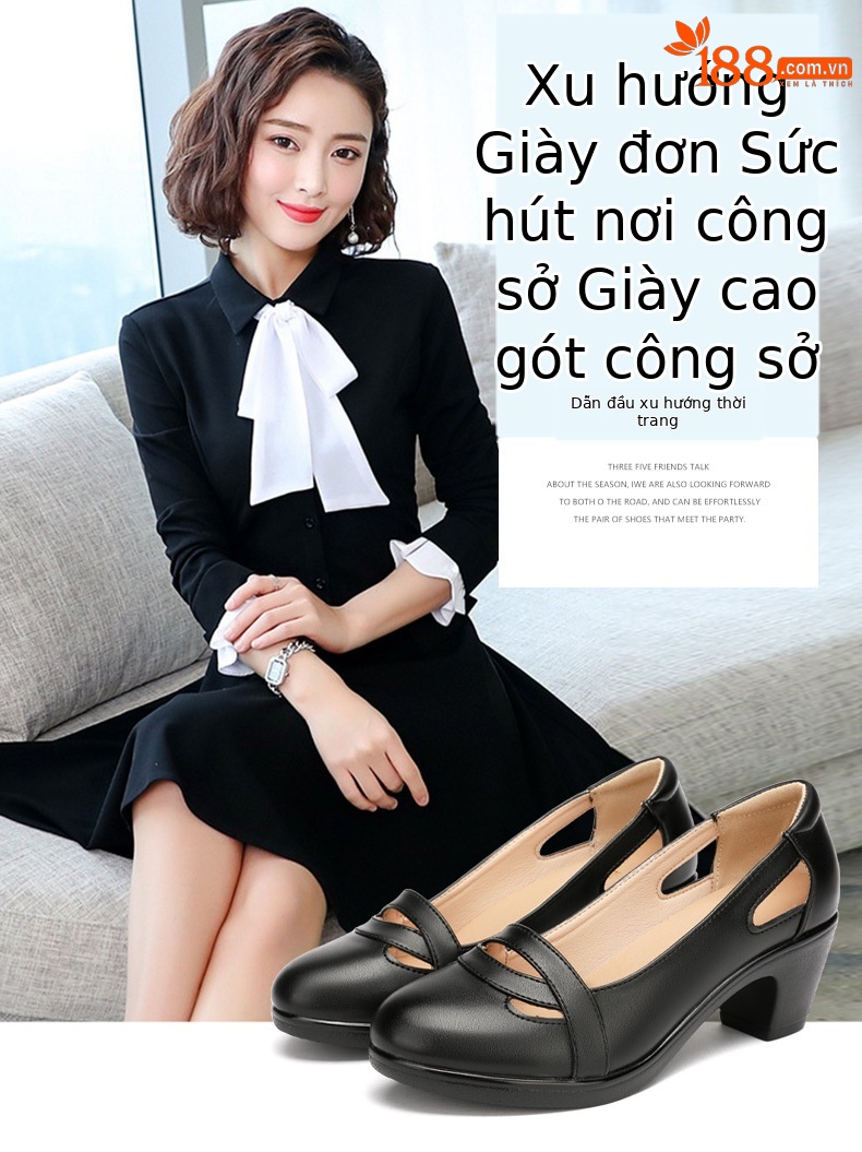 Sandal nữ đế xuồng gót trung bình mũi kín miệng nông, đế mềm, gót 6 cm — Đen 6CM, Trắng 6CM chi tiết 1