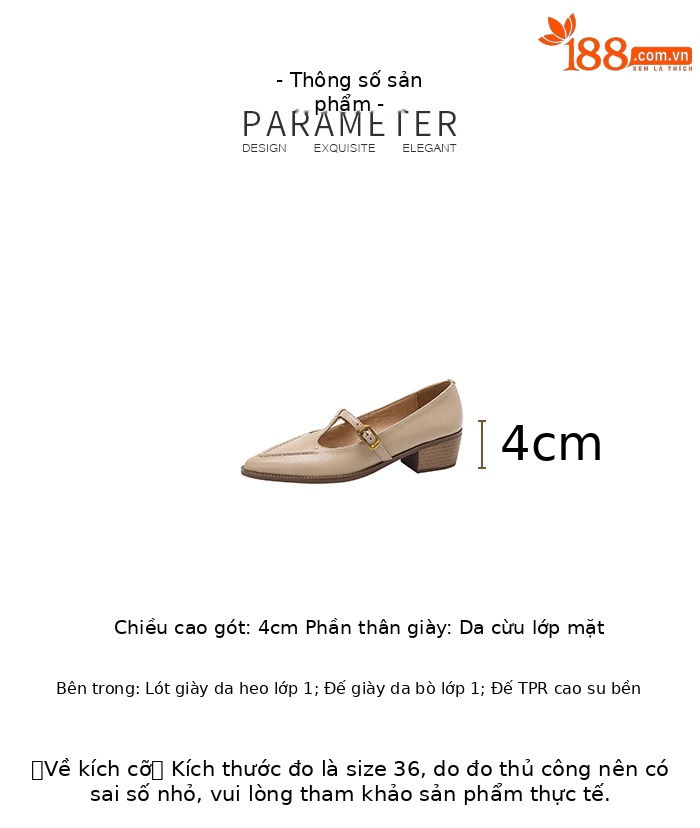 Giày nữ da cừu mũi nhọn quai chữ T, miệng nông, gót dày thấp — Màu trắng be chi tiết 5