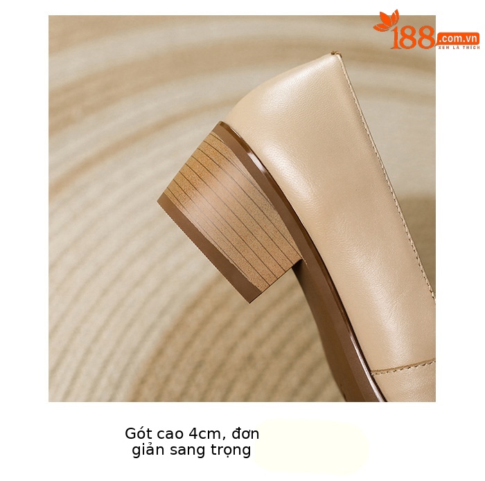 Giày nữ da cừu mũi nhọn quai chữ T, miệng nông, gót dày thấp — Màu trắng be chi tiết 7