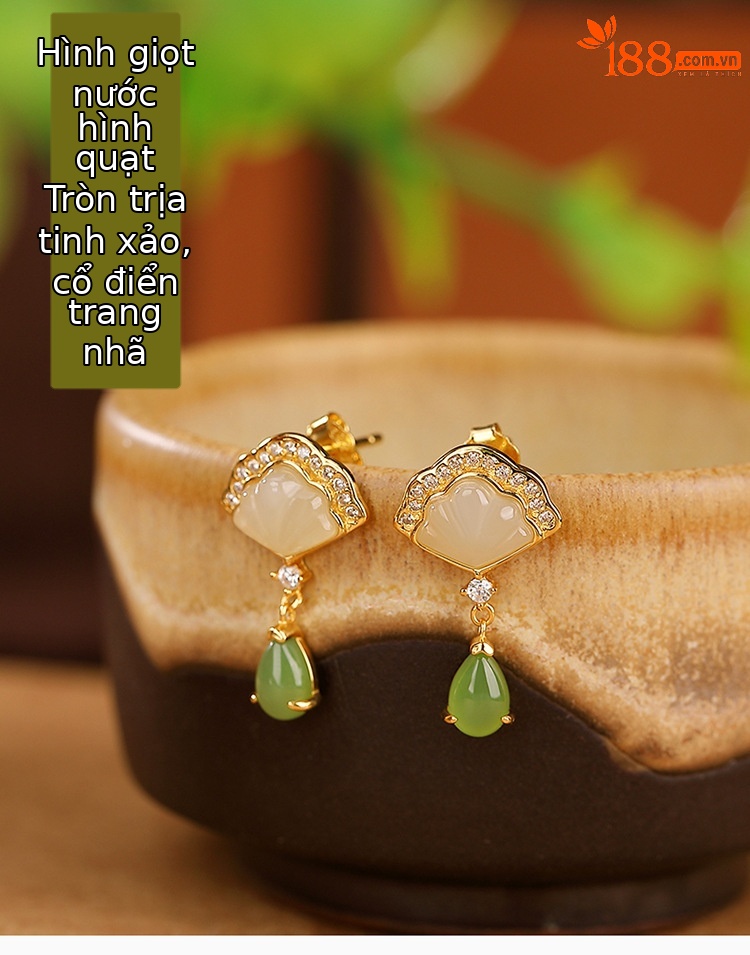 Bông tai dài giọt nước vỏ sò ngọc bích Hetian bạc S925 mạ vàng — Một cặp chi tiết 2