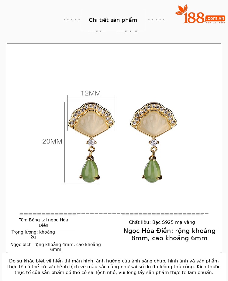 Bông tai dài giọt nước vỏ sò ngọc bích Hetian bạc S925 mạ vàng — Một cặp chi tiết 3
