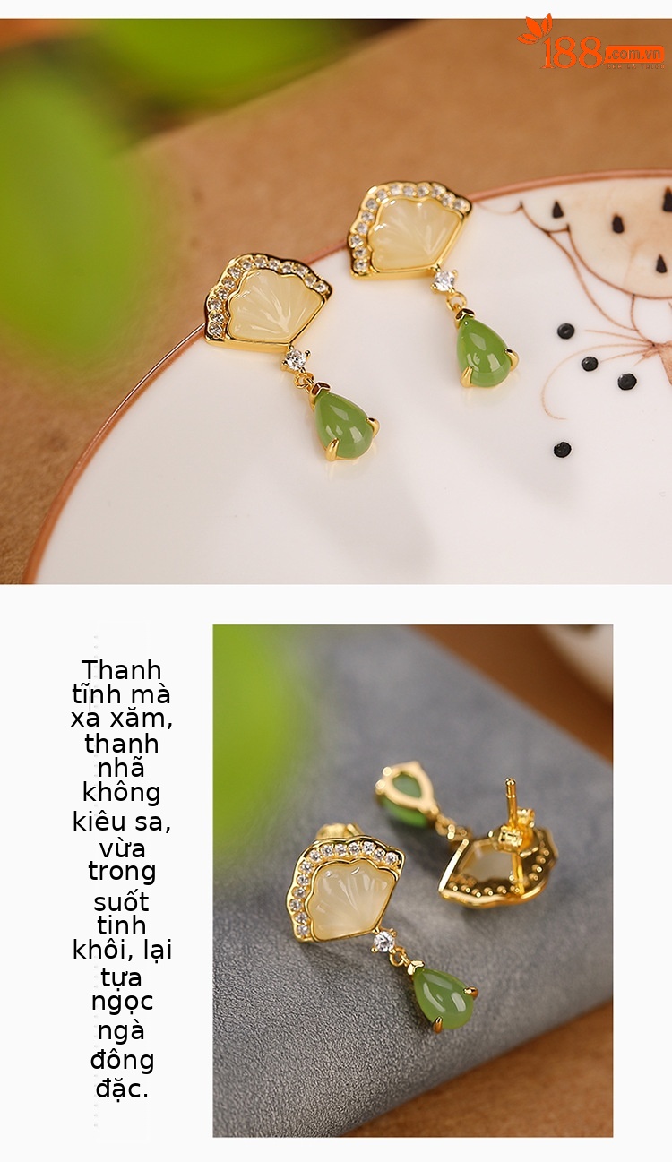 Bông tai dài giọt nước vỏ sò ngọc bích Hetian bạc S925 mạ vàng — Một cặp chi tiết 4
