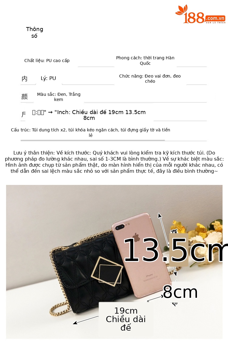 Túi đeo chéo nữ dây xích kiểu Tây cao cấp, phong cách thời trang dễ phối đồ — Màu trắng, Màu đen chi tiết 7