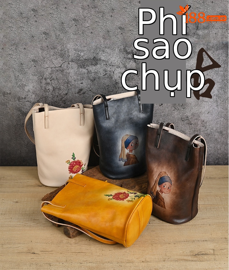 Túi bucket da bò vẽ tay phong cách cổ điển, quai đeo vai — Vàng cổ điển, Nâu cổ điển, Xám cổ điển, Màu trắng be chi tiết 1