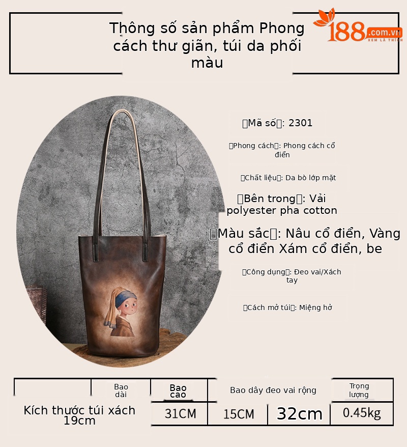 Túi bucket da bò vẽ tay phong cách cổ điển, quai đeo vai — Vàng cổ điển, Nâu cổ điển, Xám cổ điển, Màu trắng be chi tiết 2