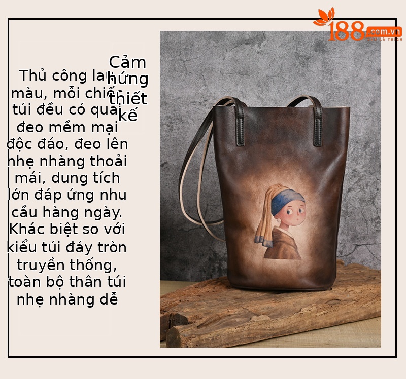Túi bucket da bò vẽ tay phong cách cổ điển, quai đeo vai — Vàng cổ điển, Nâu cổ điển, Xám cổ điển, Màu trắng be chi tiết 3