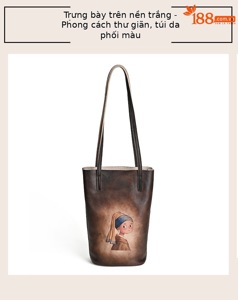 Túi bucket da bò vẽ tay phong cách cổ điển, quai đeo vai — Vàng cổ điển, Nâu cổ điển, Xám cổ điển, Màu trắng be chi tiết 8