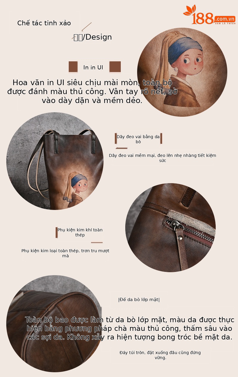 Túi bucket da bò vẽ tay phong cách cổ điển, quai đeo vai — Vàng cổ điển, Nâu cổ điển, Xám cổ điển, Màu trắng be chi tiết 4
