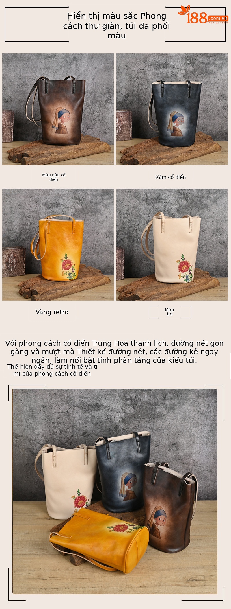 Túi bucket da bò vẽ tay phong cách cổ điển, quai đeo vai — Vàng cổ điển, Nâu cổ điển, Xám cổ điển, Màu trắng be chi tiết 5