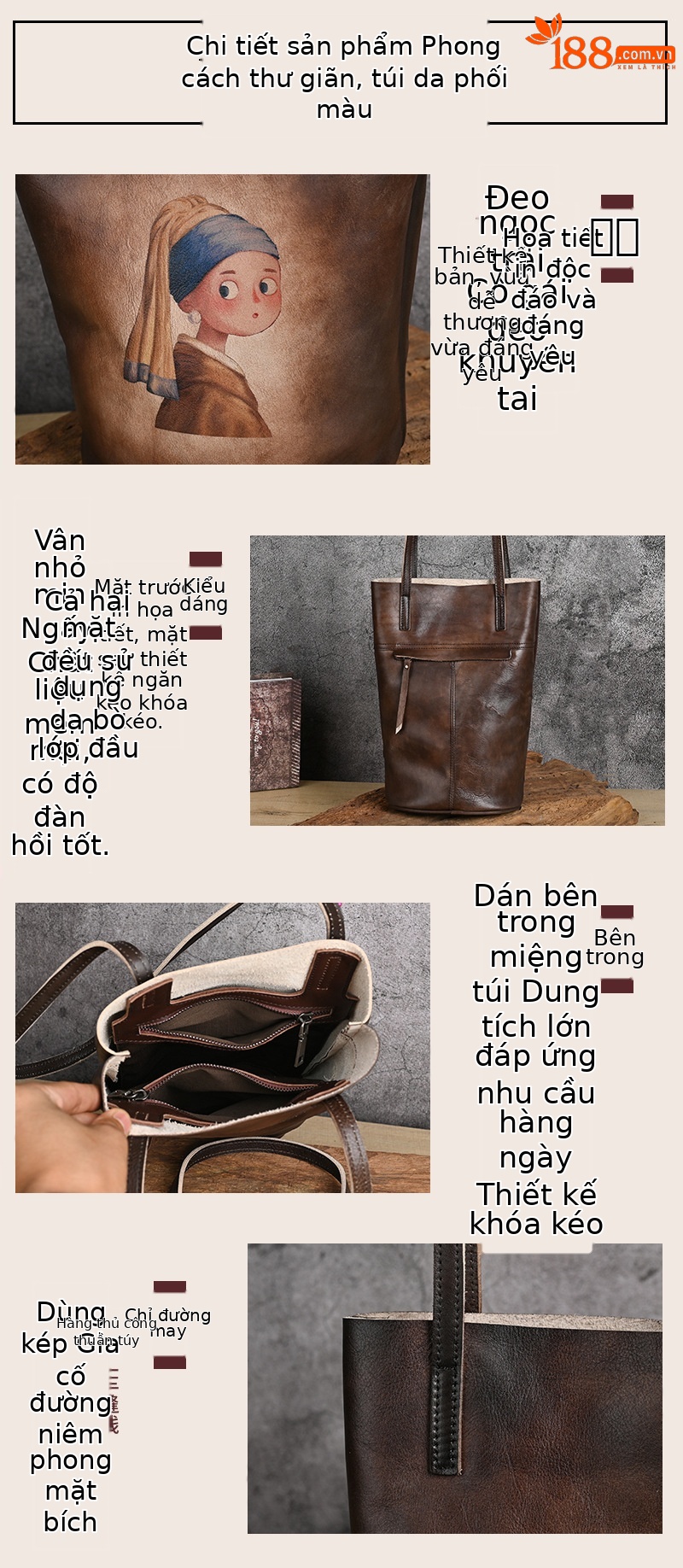 Túi bucket da bò vẽ tay phong cách cổ điển, quai đeo vai — Vàng cổ điển, Nâu cổ điển, Xám cổ điển, Màu trắng be chi tiết 10